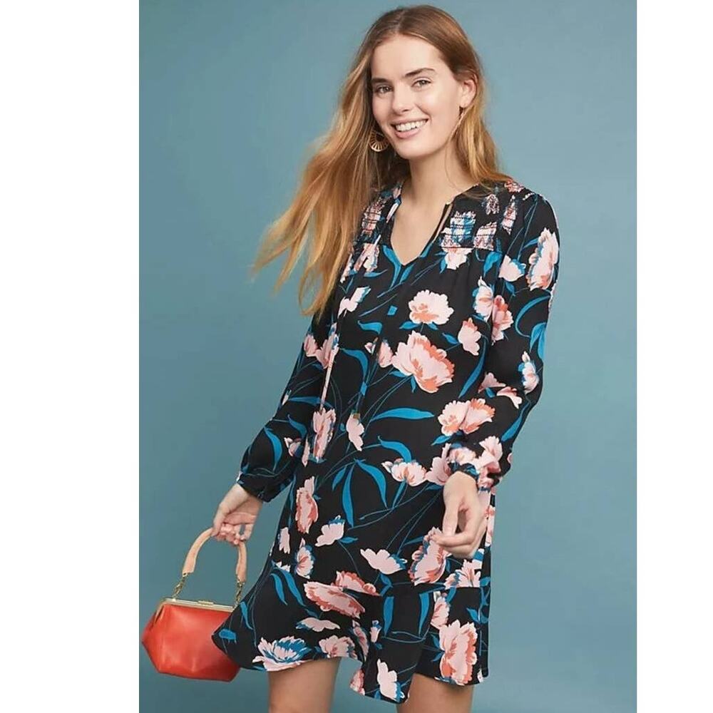 New Anthropologie Ragonda Floral Tunic Dress by Maeve $120 SIZE 4 Black